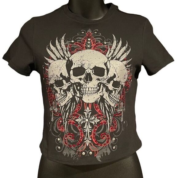 Social Collision Skull Wing Crystal Short Sleeve Crop Top Junior’s XS - Picture 1 of 3